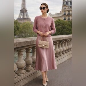 Song of Style Dusty Rose Knit Cardigan & Satin Midi Skirt Set